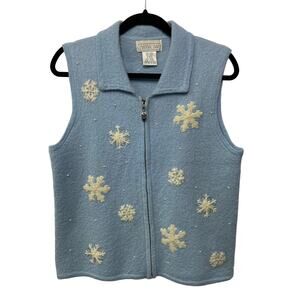 Vtg Mandal Bay 100% Wool Winter Sweater Vest Full Zip Embroidered Light Blue M